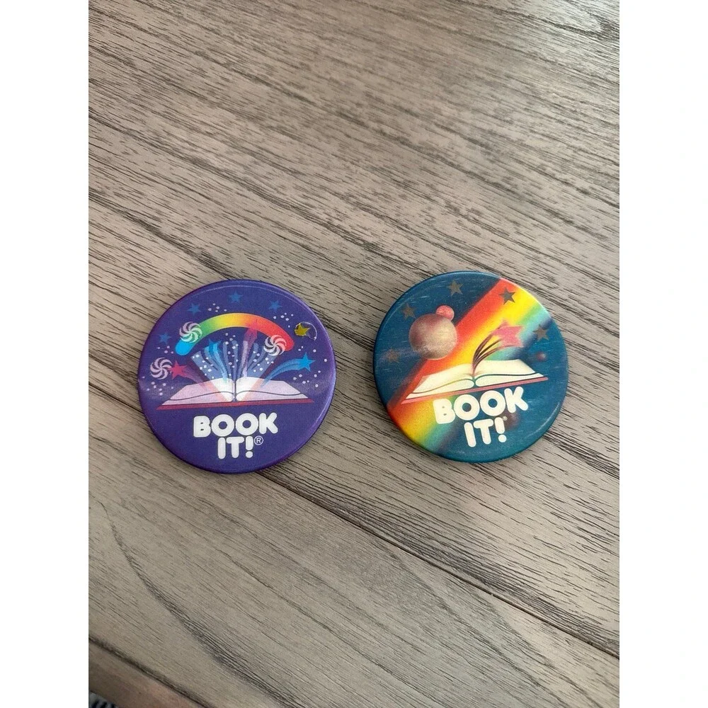 Vintage Pizza Hut BOOK IT Program Buttons Pins Lot 2 Retro 1990s Holographic